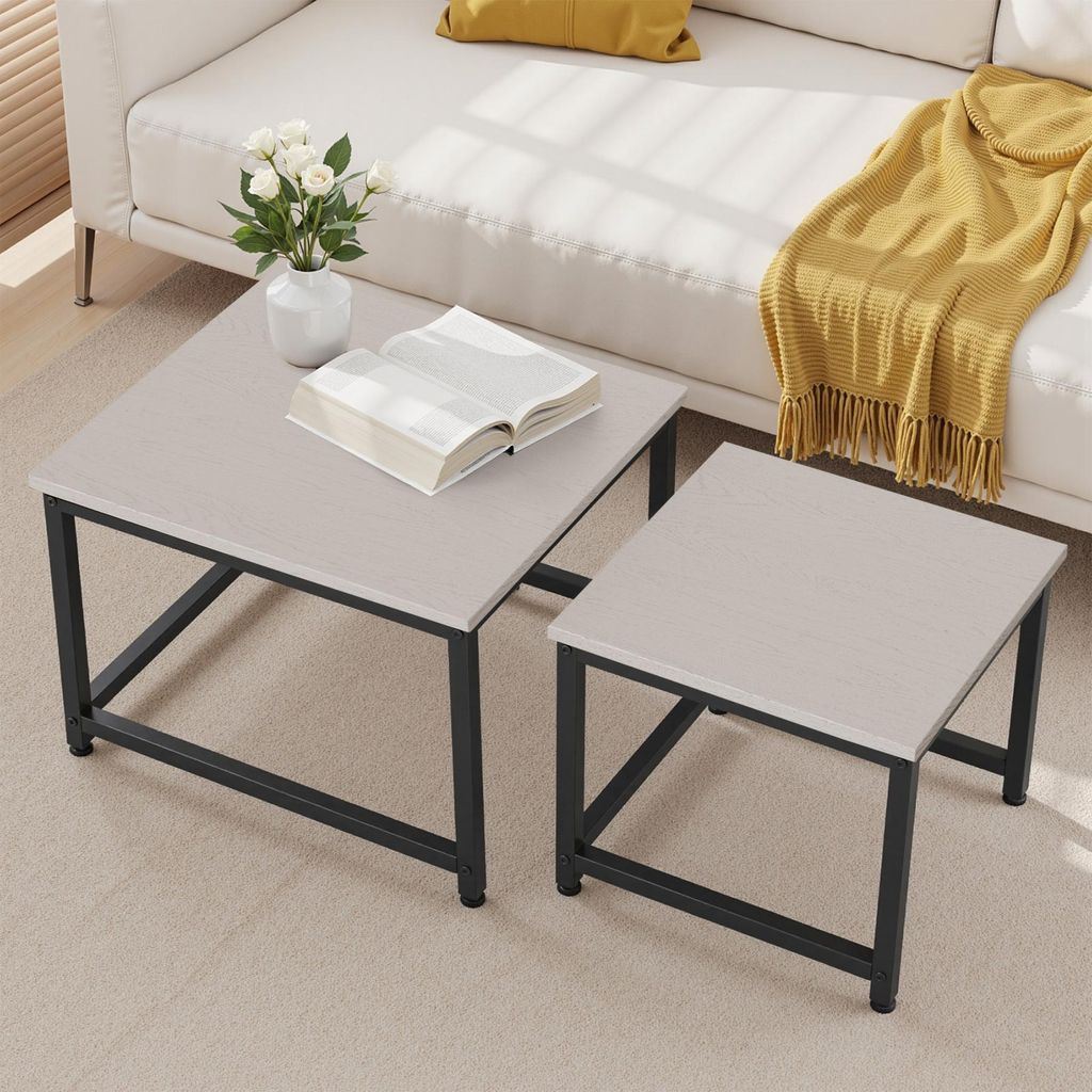 Hawthyhome 2er-Set quadratischer Couchtisch Couchtisch aus Holz mit Metallgestell moderner Beistelltisch für Wohnzimmer und Schlafzimmer, weiß