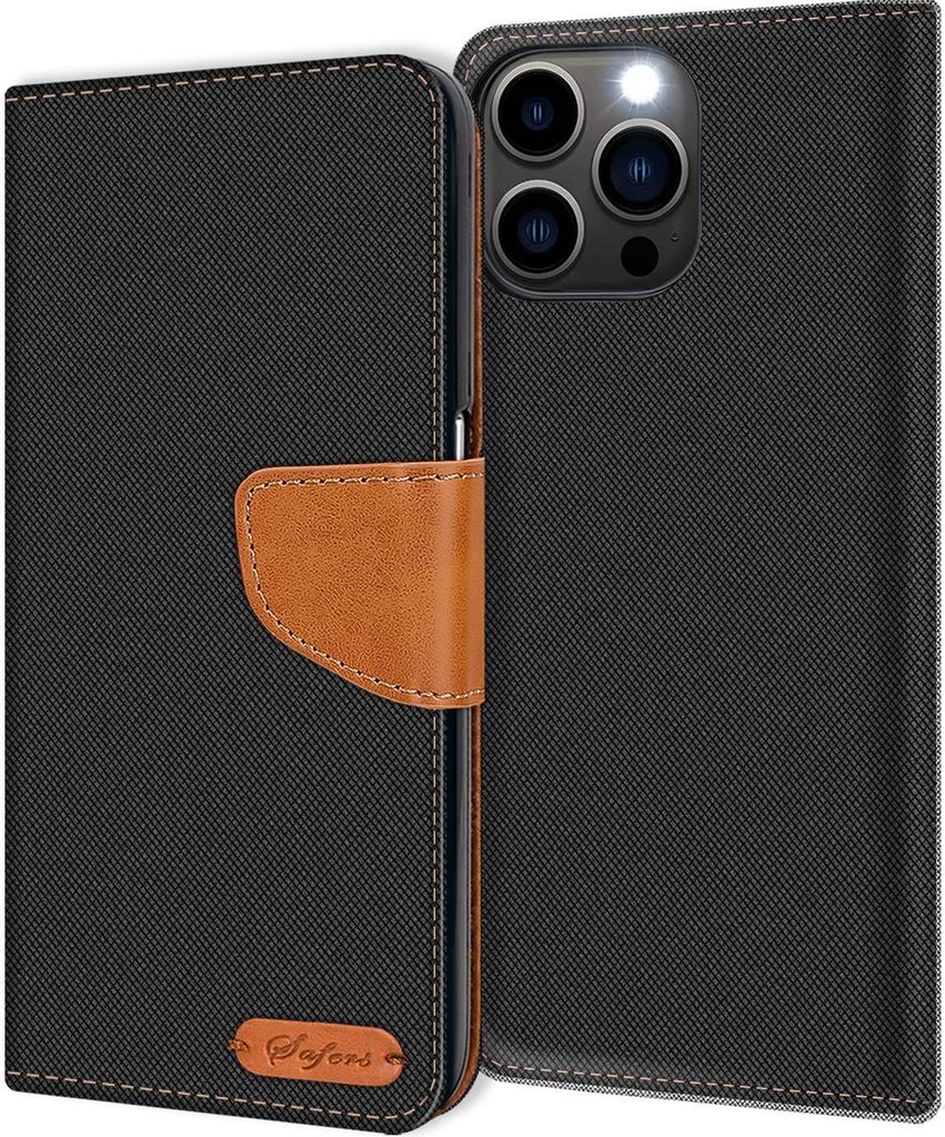 Conie Jeans Style Klapp Tasche für iPhone 16 Pro Kartenfach Hülle Rundumschutz in Schwarz