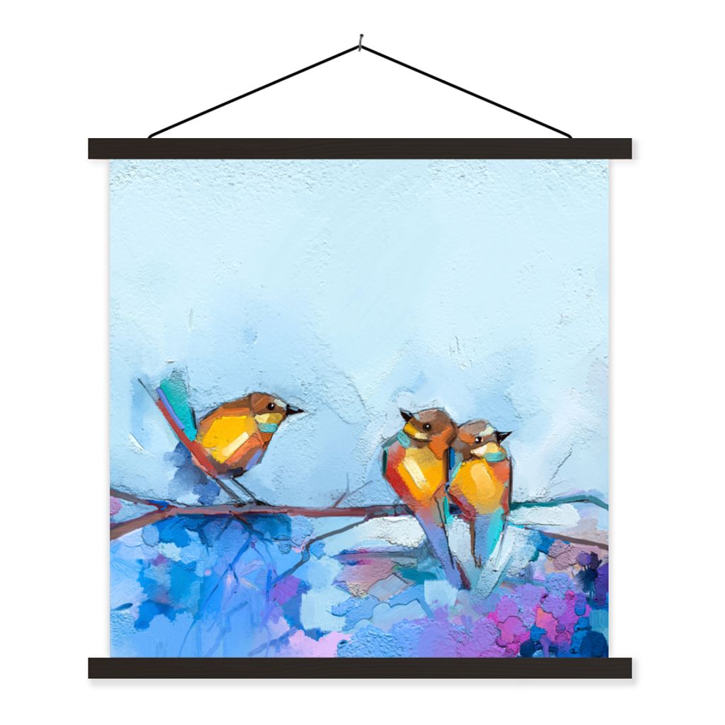 MuchoWow Textilposter Gemälde - Ölfarbe - Vogel - Zweig 40x40 cm mit schwarzem Rahmen - Fotos
