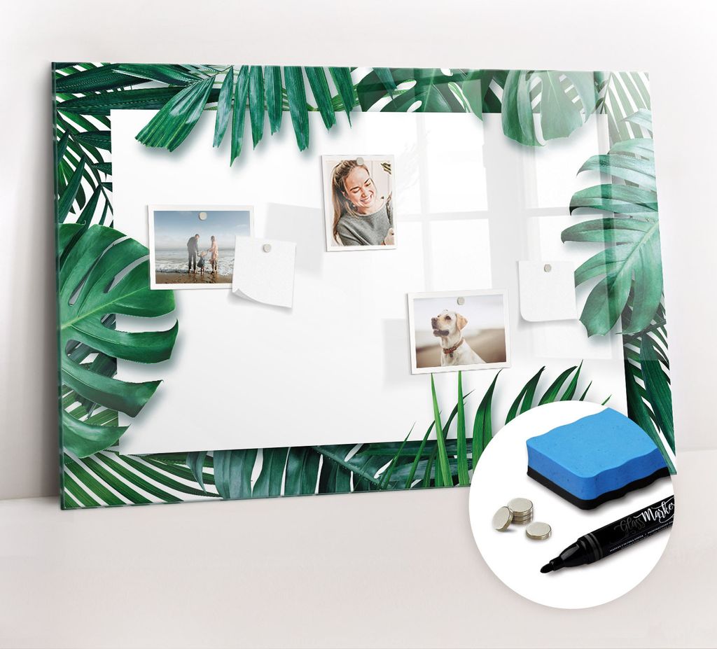 Magnetpinnwand Memoboard - Zubehörsatz - Schwarzer Marker + Schwamm + Magnete - 90 x 60 cm - Tropische Blätter