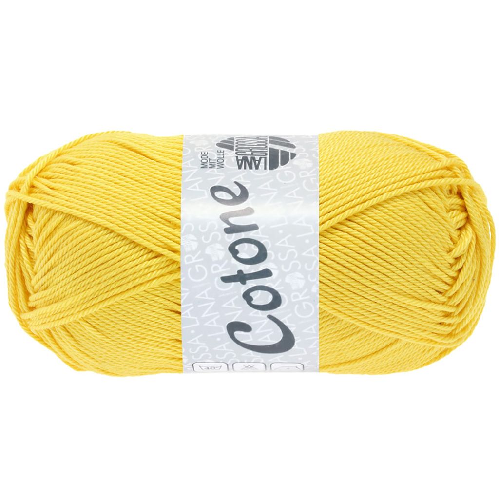 A ball of yellow yarn with a label wrapped around it.