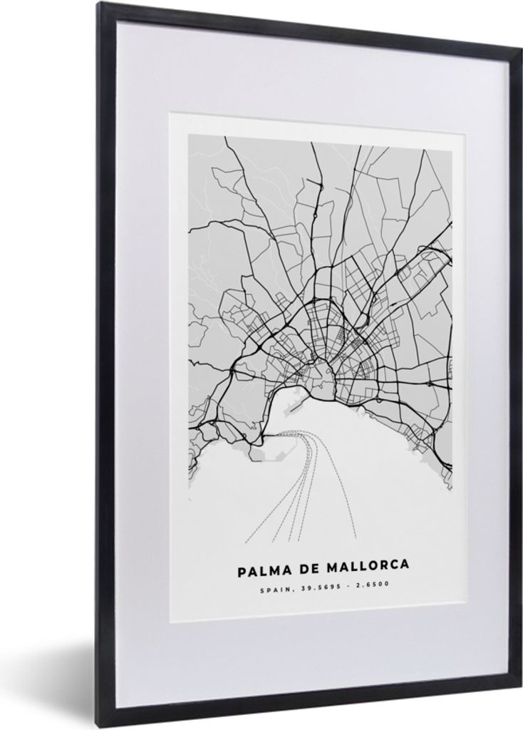 MuchoWow Gerahmtes Poster Mallorca - Stadtplan - Schwarz und weiß - Karte 40x60 cm - Poster mit Schwarzem Bilderrahmen Wandposter Rahmen Foto Bi...