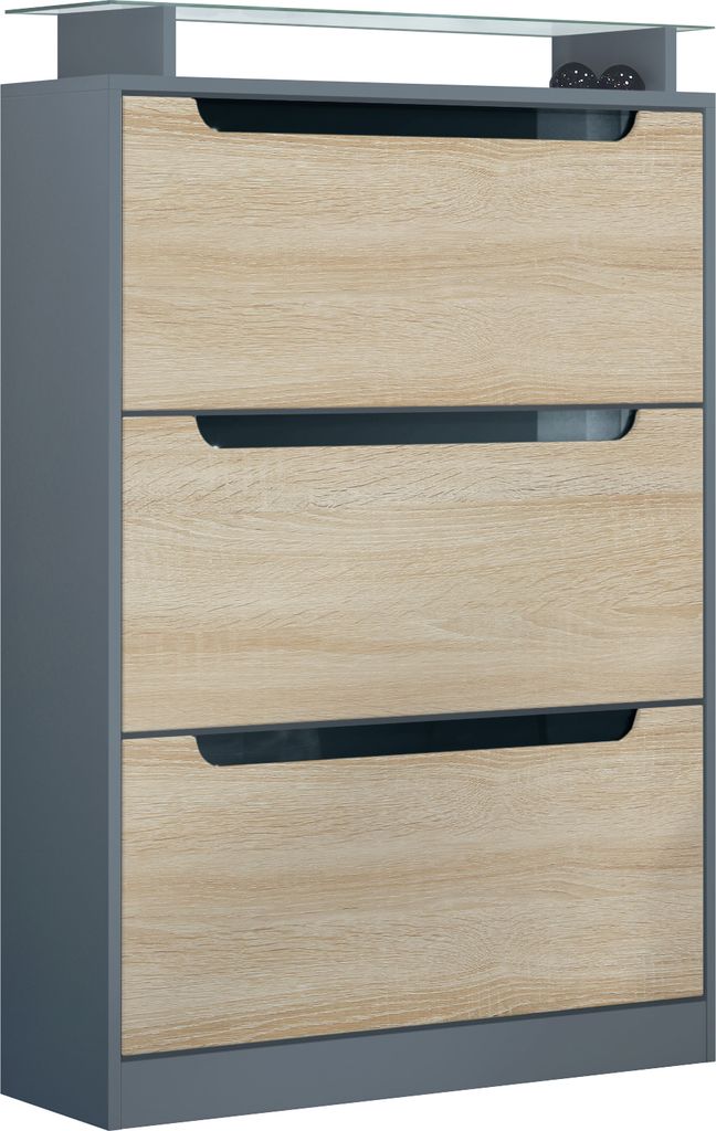 Vladon Schuhschrank Space, Schuhkipper für 24 Paar Schuhe mit 3 Klappen und Glasablage, Anthrazit matt/Eiche sägerau (89 x 128 x 23 cm)