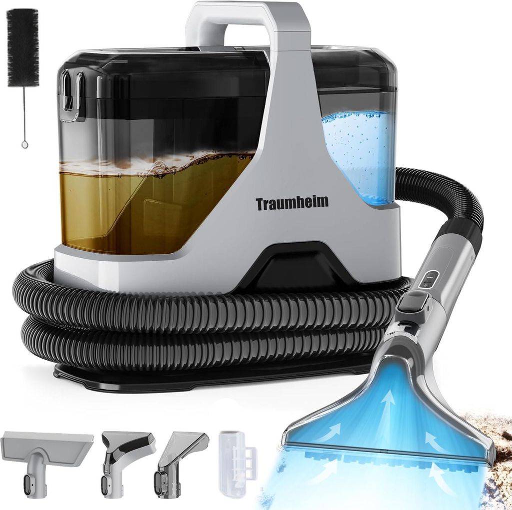 Waschsauger Polsterreiniger Teppichreiniger, 16KPA Sauger tragbar, 600W Nass-/Trockensauger, Fleckenreiniger Reinigungsgerät, mit Zubehör, Dualtank