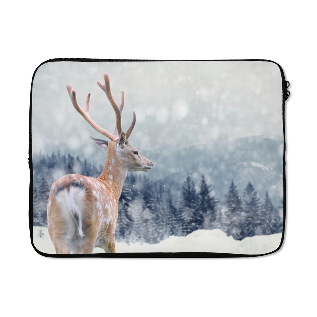 MuchoWow Laptop Hülle 17 Zoll Laptoptasche Rotwild - Schnee - Tier - Zipper - Schutzabdeckung