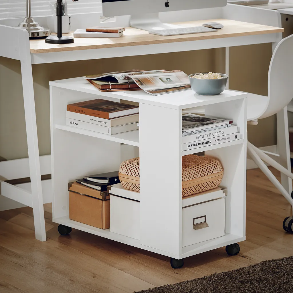 SoBuy FBT34-W Table d'appoint à roulettes avec 2 niveaux de rangement