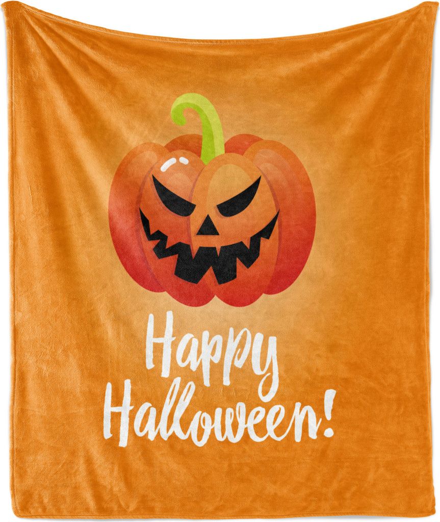 ABAKUHAUS Halloween Weich Flanell Fleece Decke, Spooky Lächeln Kürbis-Symbol mit weißer Kalligraphie-Druck, 175 x 230 cm, Orange Scarlet und Lin...