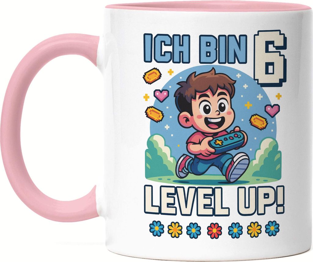 Ich bin 6 Level Up Tasse Rosa Geschenkidee Kindergeburtstag Gamer Junge Mädchen 6 Jahre