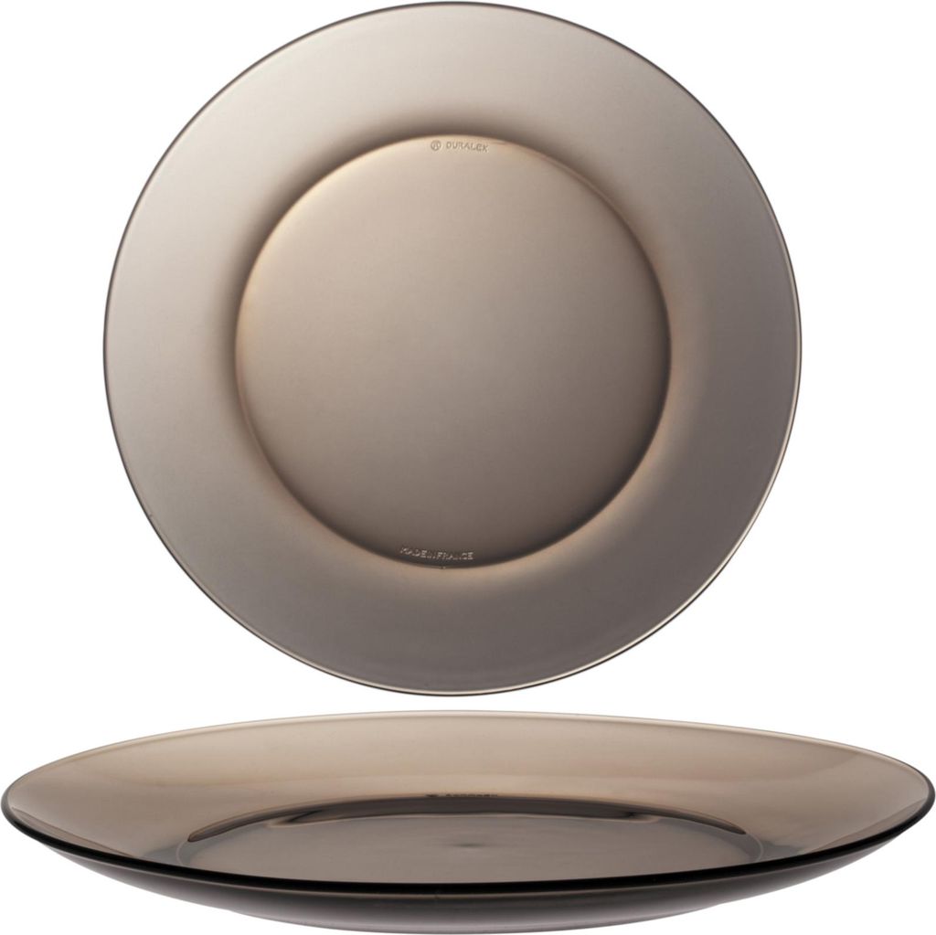 A top and side view of a brown Duralex plate.