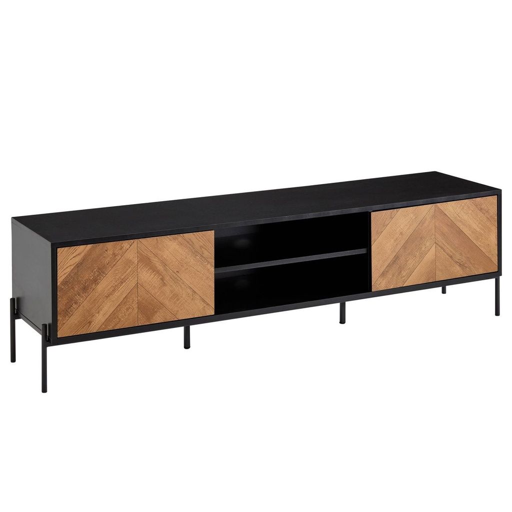 Lowboard Holz Schwarz / Eiche-Nachbildung 163x45x40 cm TV-Kommode mit zwei Türen, Design TV-Schrank Hoch, Fernsehtisch Fernsehschrank Modern, Fern...
