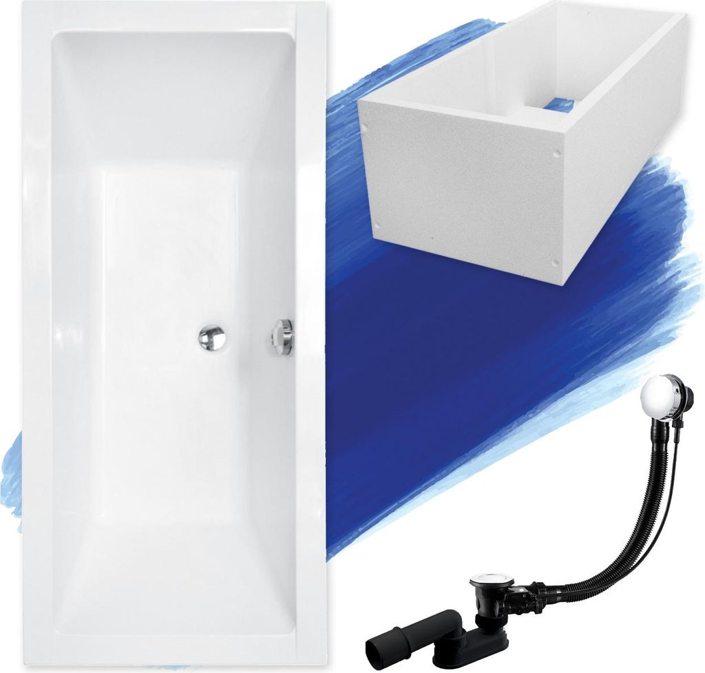 A white bathtub with a drain assembly and a white rectangular frame, set against a blue background.