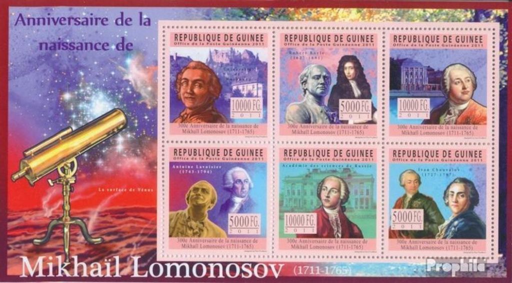 Briefmarken Guinea 2011 Mi 8339-8344 Kleinbogen (kompl. Ausgabe) postfrisch 300. Geburtstag von Michail Lomonossow