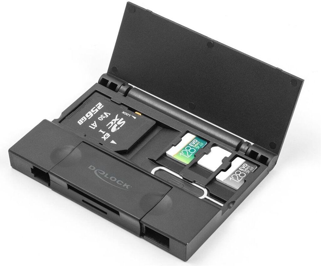 Delock Card Reader USB 5 Gbps USB-C / Typ-A für SD und Micro SD Speicherkarten mit praktischem Speicherkarten Etui - schwarz