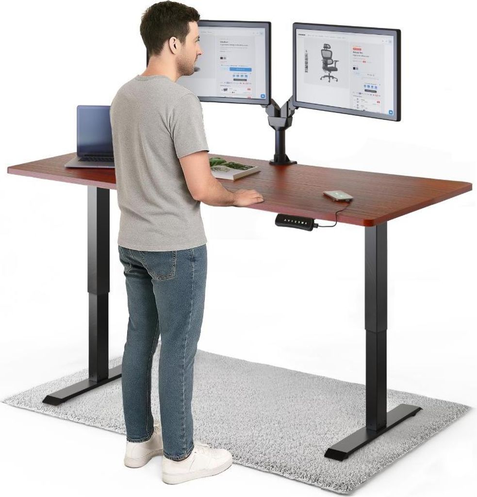 DESKSPACE PRO Elektrisch höhenverstellbarer Schreibtisch – 160x80 cm Memory & Kollisionsschutz, Computertisch Mahagoni Tischplatte / Schwarze Ge...