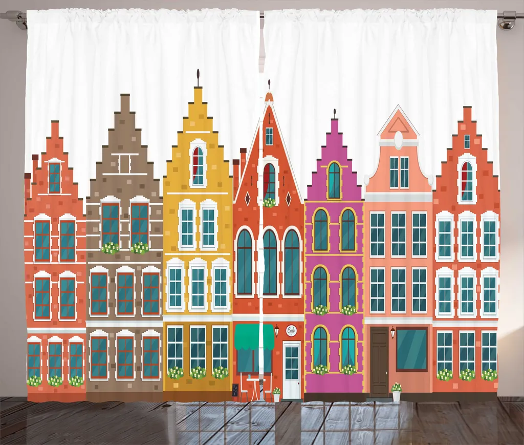 Paire de Rideaux de Salon Motifs Maisons d'Amsterdam 280 x 225 cm Orange