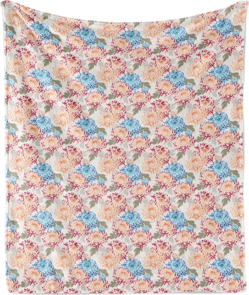 ABAKUHAUS Coperta vintage in morbida flanella di pile con motivo floreale, disegno crisantemo, soffice e confortevole per interni ed esterni, 125 x 175 cm, multicolore