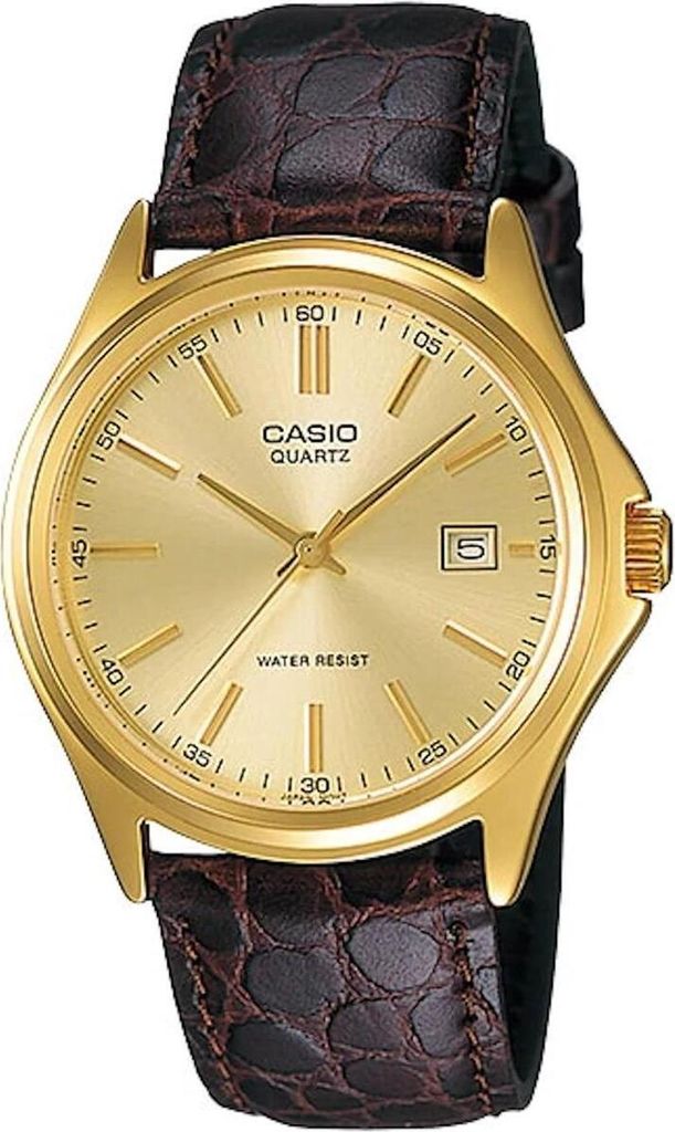 A close-up studio shot of a gold-faced Casio watch with a brown leather strap.