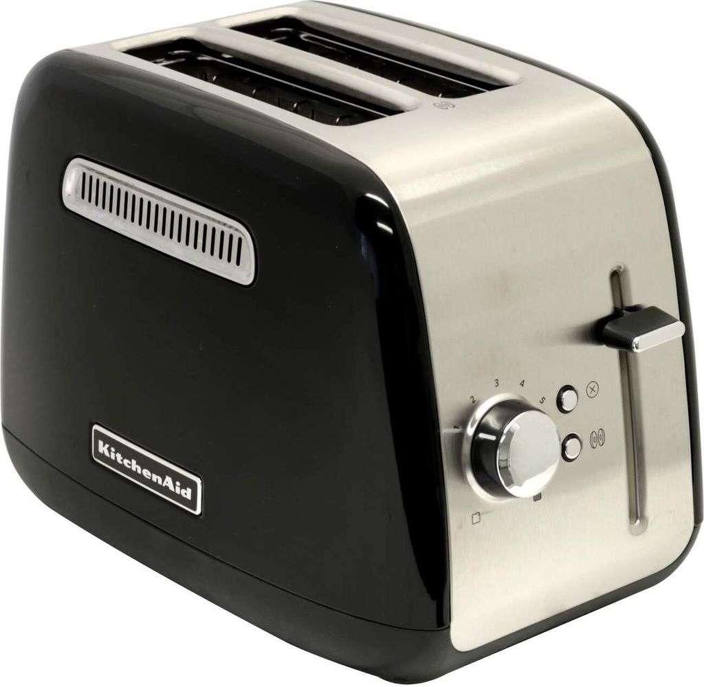 A black and silver two-slice toaster is shown from a slight diagonal front angle against a white background.