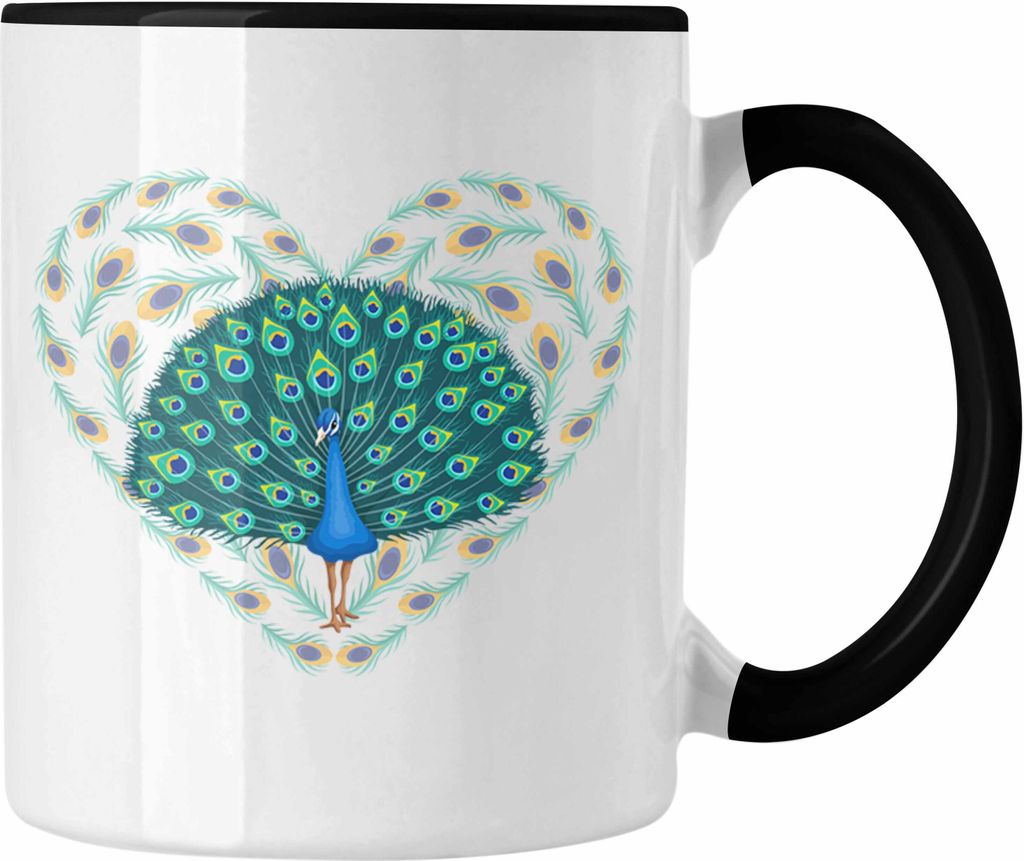 Trendation - Pfau Deko Tasse Geschenk Schöne Grafik Pfauen-Besitzer Geschenkidee Herz (Schwarz)