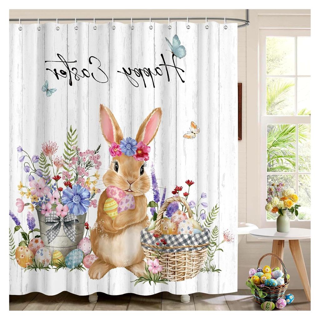 Duschvorhang Frohe Ostern für das Badezimmer, Osterhase, Ei, Blume, wasserdicht, Polyester, 180 x 180 cm