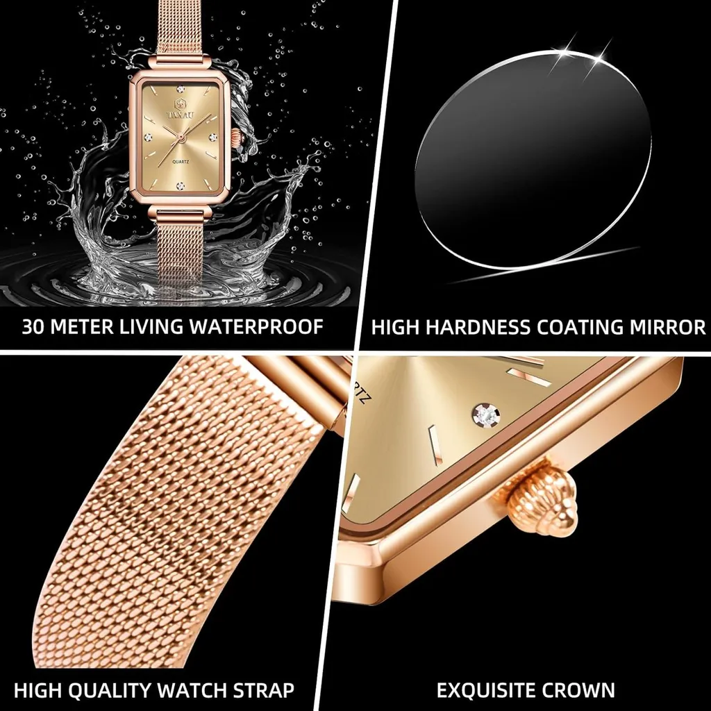 Orologio da donna Orologio da polso quadrato da donna con bracciale in acciaio inox a maglie Orologio rettangolare da donna Moda orologio da polso da donna Rosegold impermeabile elegante orologio al quarzo - 5
