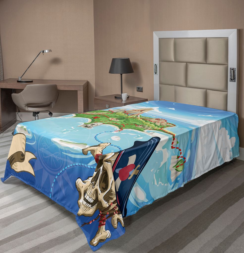 ABAKUHAUS Insel-Karte Bettlaken, Luftaufnahme Fantasie Piraten Bucht Insel Gekreuzten Knochen Kapitän Skull Figur, weiches bequemes oberes Bettlak...