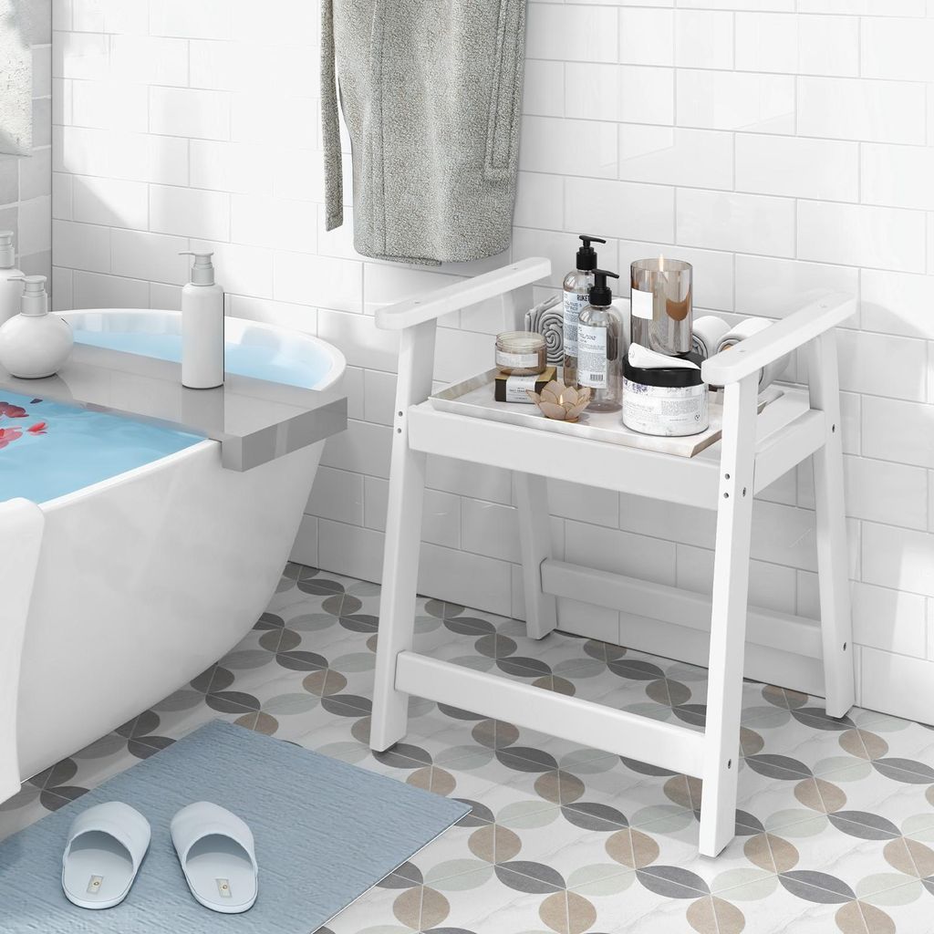 COSTWAY 58x52x61,5 cm wasserdichter Duschhocker HDPE, Bad Sitzbank Badhocker mit Ablage & Doppelgriffen, Duschbank bis 150 kg belastbar, Weiß