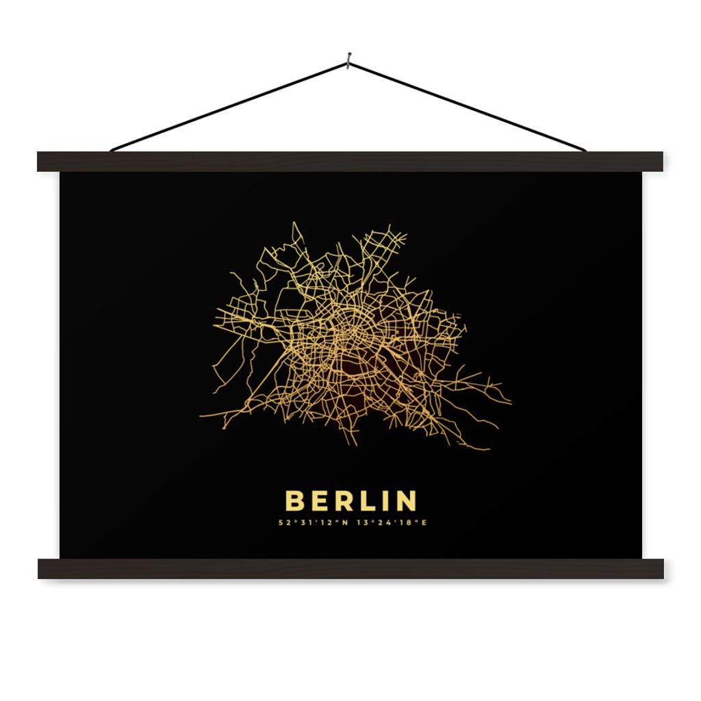 MuchoWow Textilposter Berlin - Gold - Karte - Stadtplan - Karte 90x60 cm mit schwarzem Rahmen - Aufhängungssatz