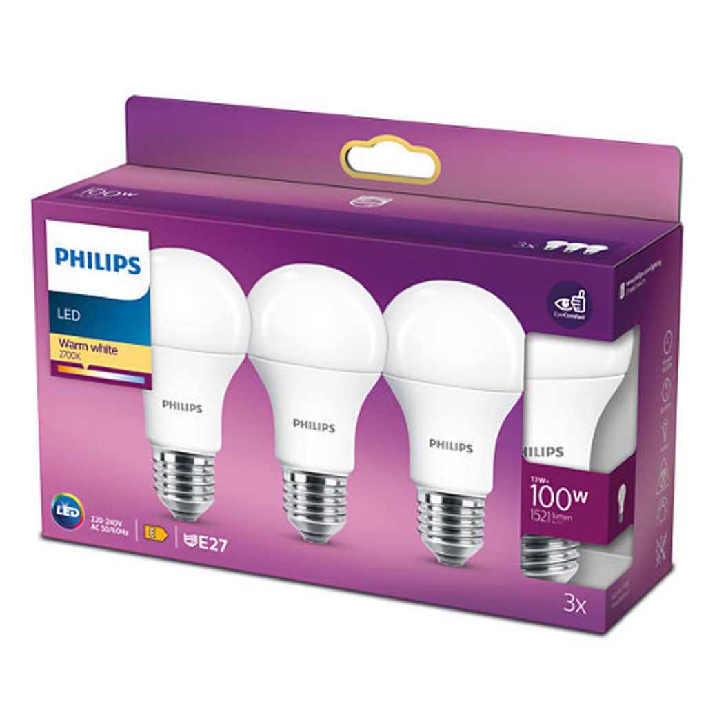Philips Lampe 100W A60 E27 x3, 13 W, 100 W, E27, 1521 lm, Produktbild 