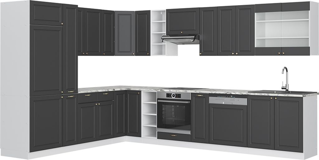 Eckküche Vicco Fame-Line Anthrazit-Gold/Weiß 347 x 60 cm , AP Marmor, Model 47322