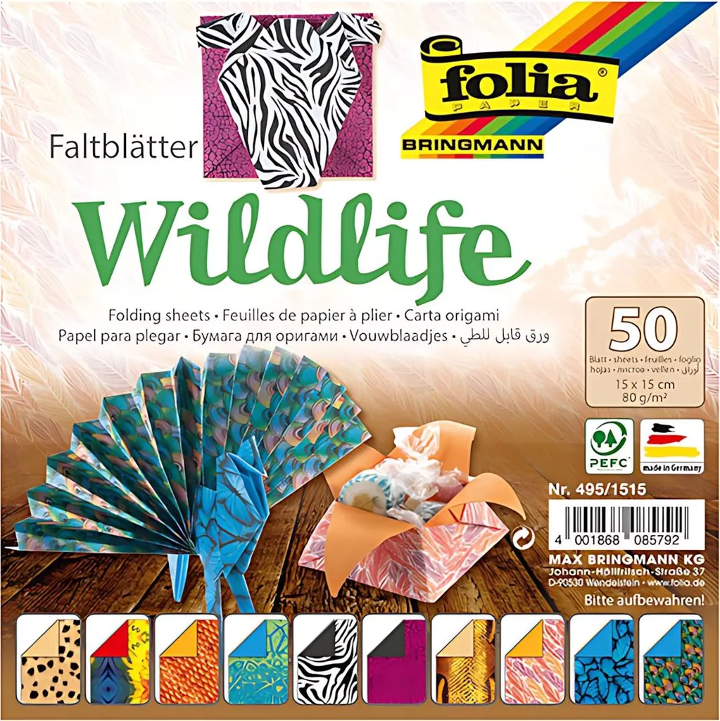 Carta da Piegare Folia Wildlife 150mm: 50 Fogli per Lavoretti Bambini