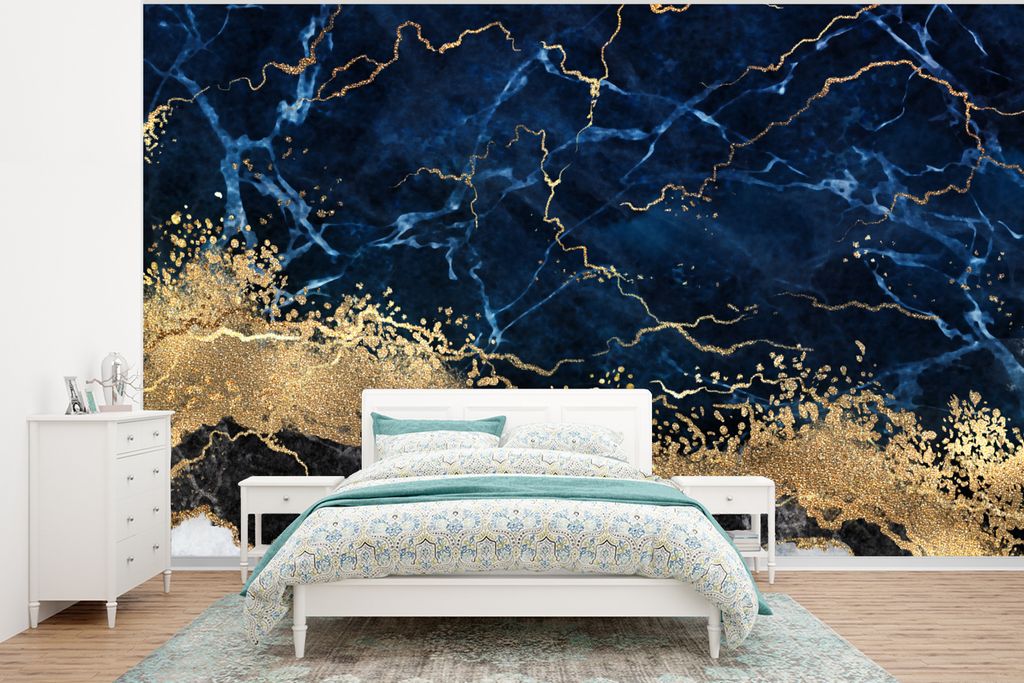 MuchoWow Fototapete für Wohnzimmer oder Schlafzimmer Wandtapete Vinyl Motivtapete Marmor - Weiß - Gold - Luxus - 400x300 cm - Papiertapeten