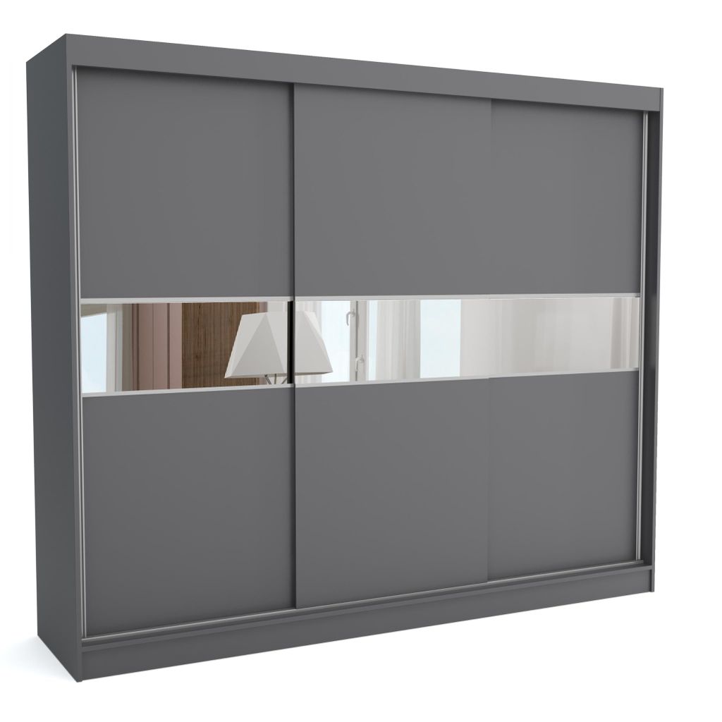 Kleiderschrank KATE 250 ANTRACITE, 250x60x215 cm – Schiebetüren mit Spiegel, Kleiderstange & Regalböden, Garderobenschrank, Moderner Kleidersch...