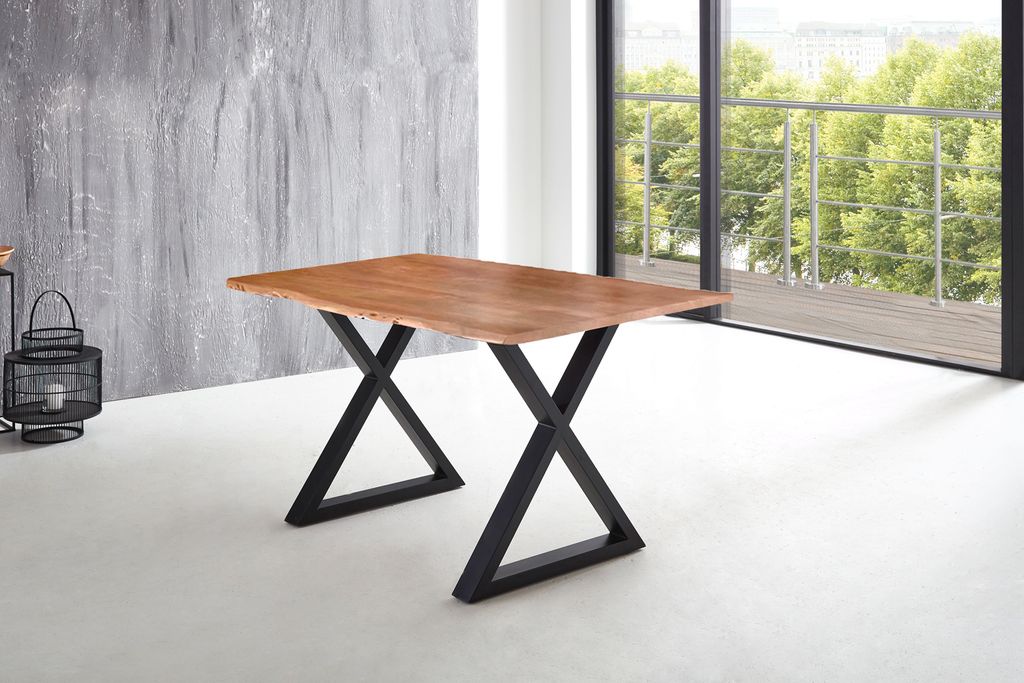 Esstisch Baumkante massiv Akazie natur 140 x 80 X-Gestell schwarz LUBIN
