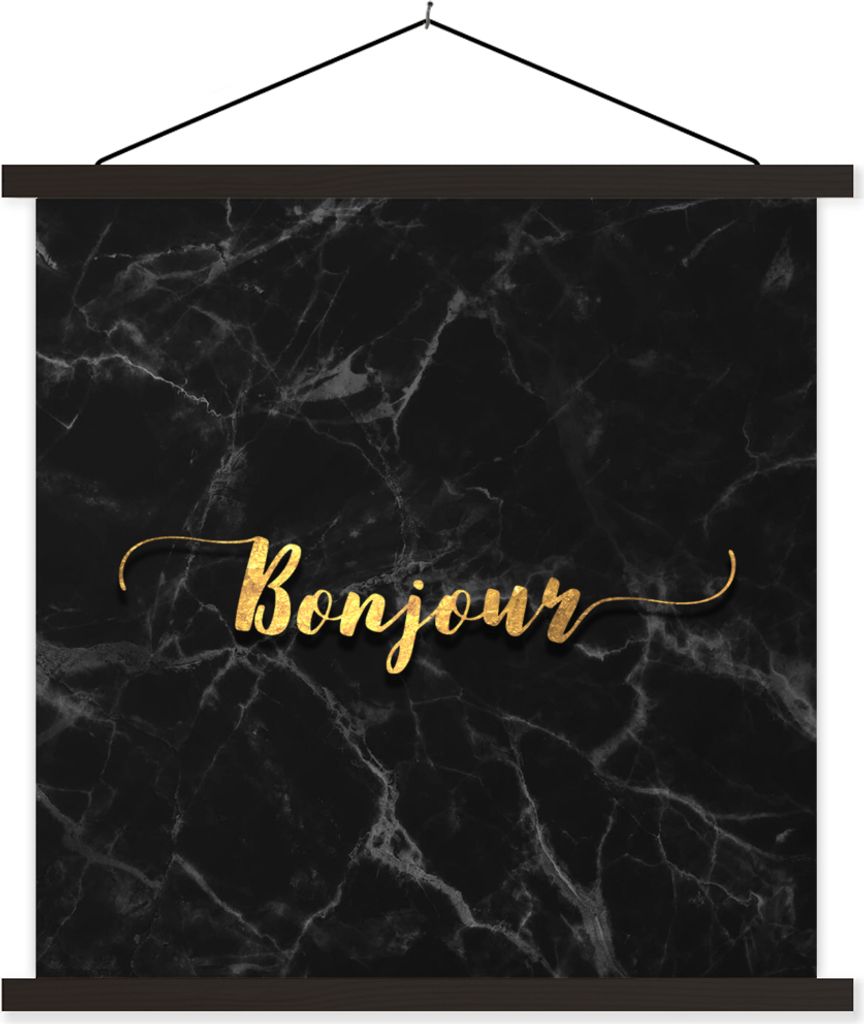 MuchoWow Textilposter Zitat - Bonjour - Gold - Marmor 90x90 cm mit schwarzem Rahmen - Magnetisches