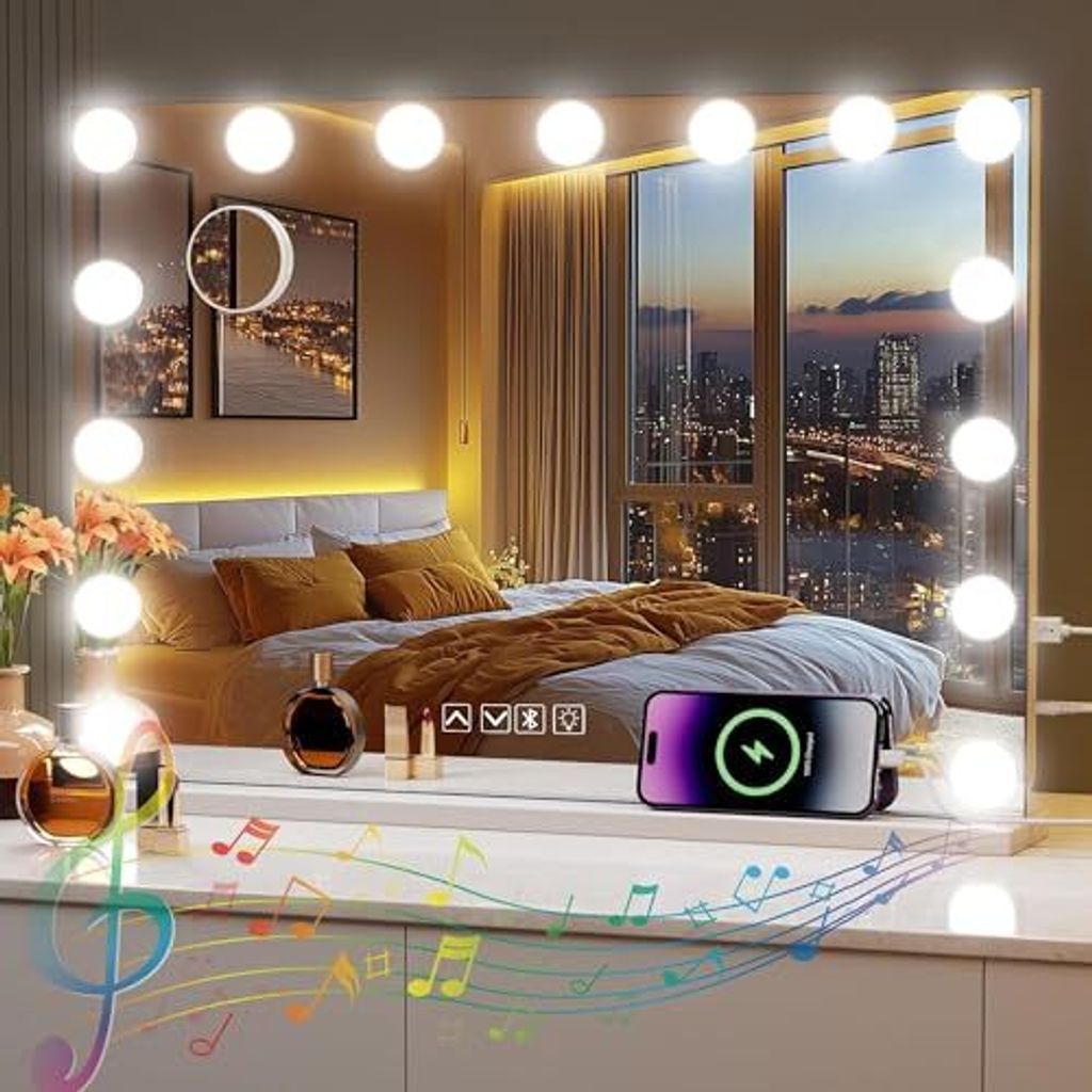Habison Hollywood-Spiegel mit Bluetooth 15 LED-Lampen, 58 x 46 cm, USB-Ausgang und 5-fache Vergrößerung, Bluetooth-Kosmetikspiegel, 3