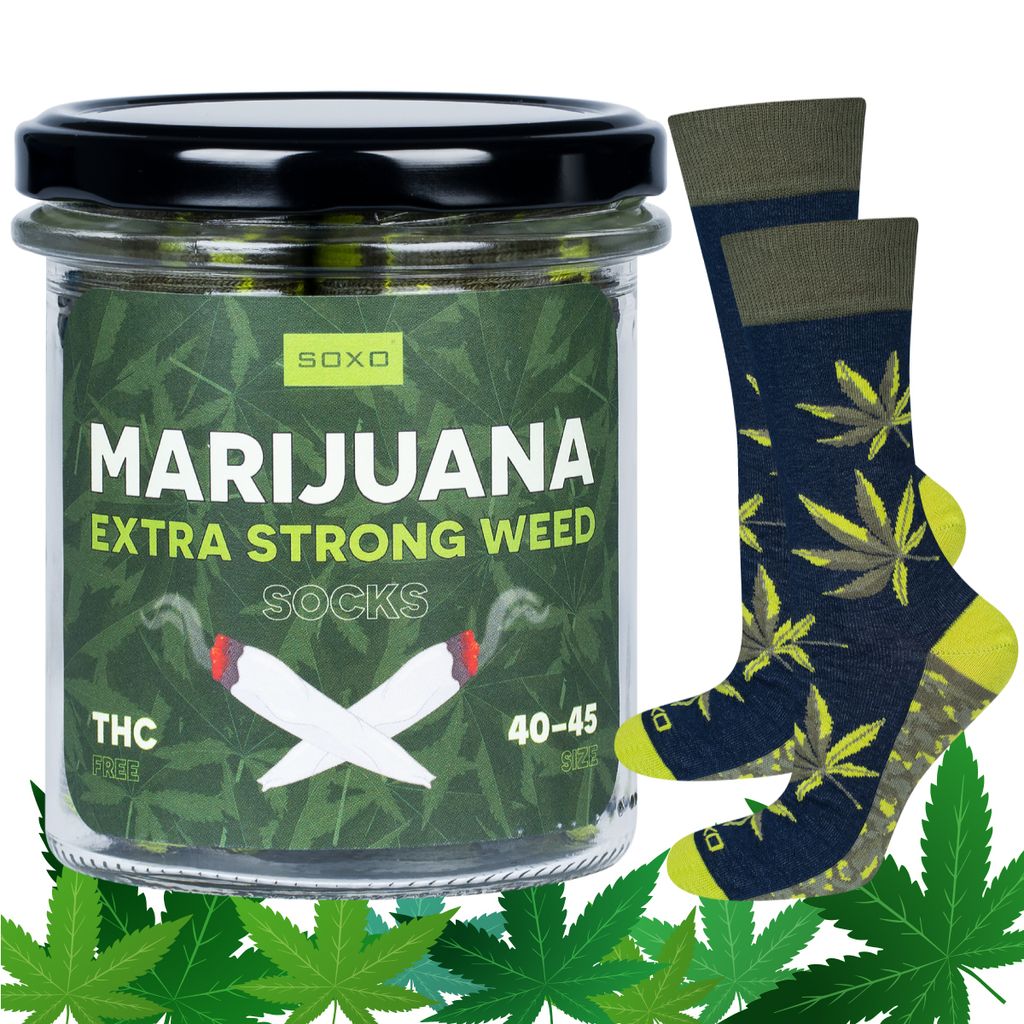 Lustige Herrensocken Gr. 40–45 MARIJUANA im Glas von SOXO – witziges Geschenk für Männer