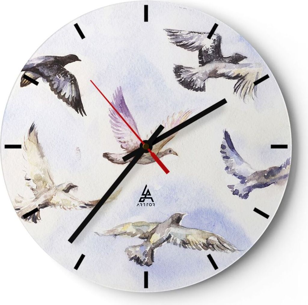 Wanduhr - Rund - Glasuhr - Vögel Aquarell Wildheit Fliegen - 30x30cm - Schleichendes Uhrwerk - Lautlos - zum Aufhängen bereit - Dekoration Modern...