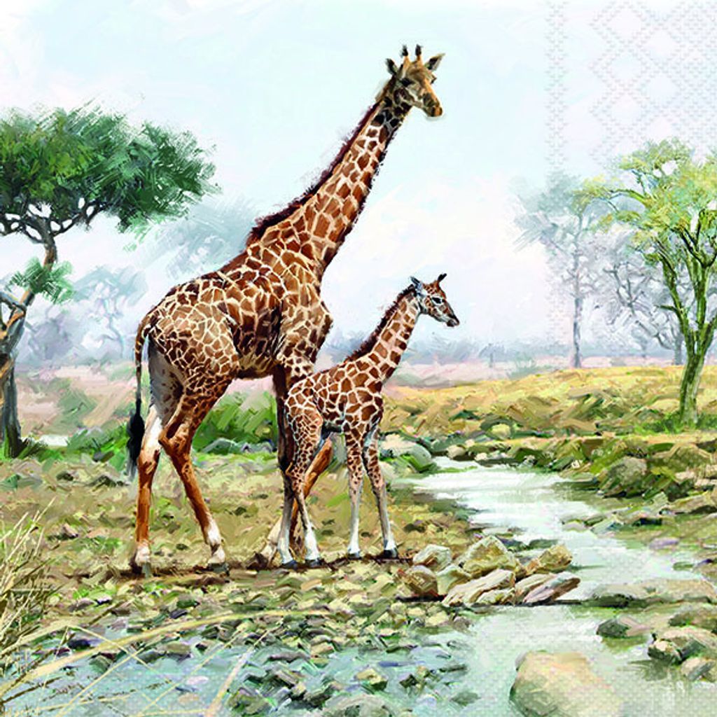 RP 20 Servietten Giraffes - Giraffenfamilie am Fluss 33x33cm