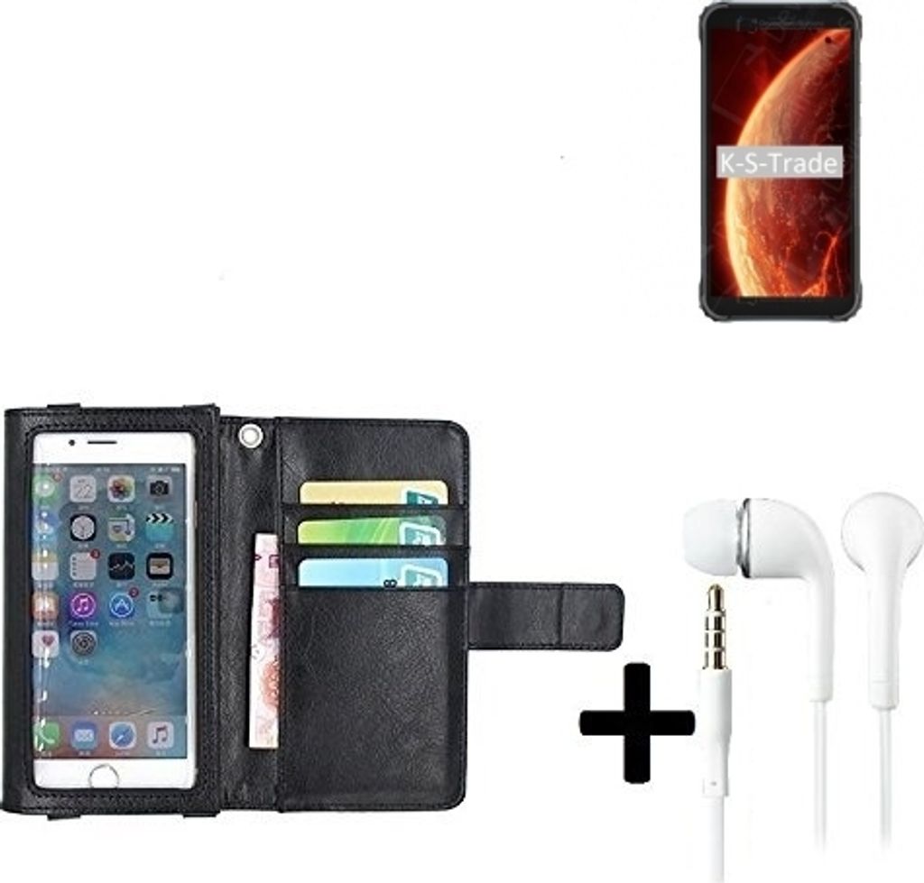 K-S-Trade Handyhülle + Kopfhörer kompatibel mit Blackview BV4900 Schutzhülle Case mit Displayschutz / Schutzfolie schwarz + Kopfhörer Flip Cover