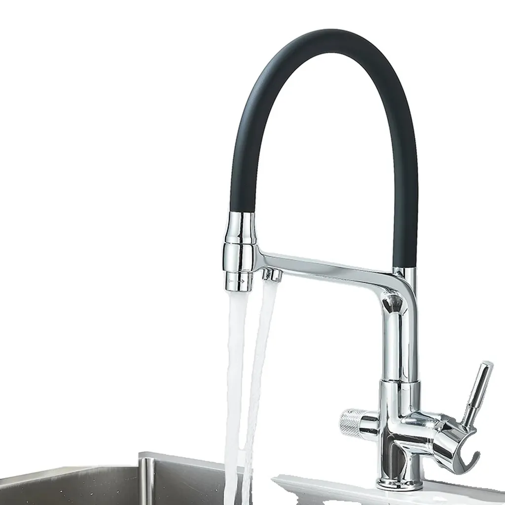Rubinetto da cucina con filtro, bocca estraibile flessibile, doppia maniglia in ottone, cromo