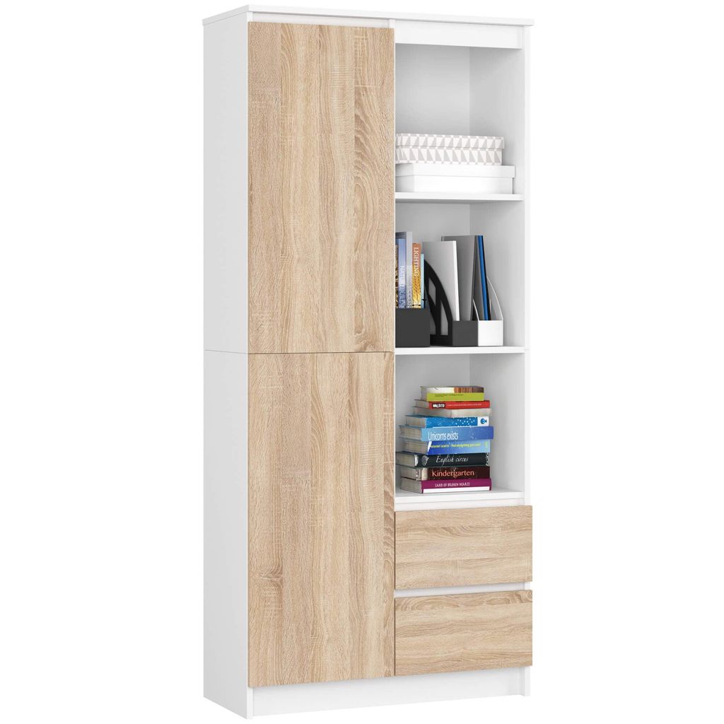 Hoher Regalschrank – Standregal – Bücherregale – CLP – 80 cm – Weiß / Sonoma Eiche – Funktionales Aufbewahrungssystem mit kombinierte...