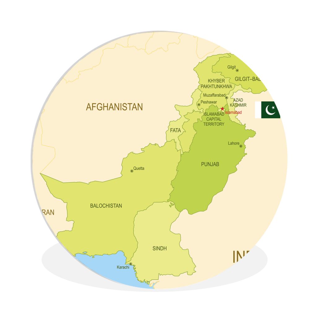 MuchoWow Rundes Wandbild - Runde Bilder Illustration der Karte von Pakistan und seinen Provinzen Ø 90 cm Kreis Wanddekoration Kunststoff - Wandk...