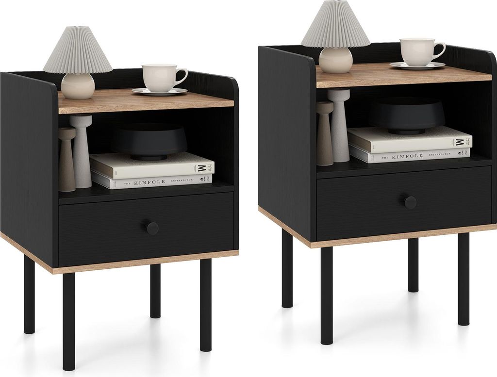 Two identical black nightstands with wood accents and metal legs are displayed side-by-side against a white background.