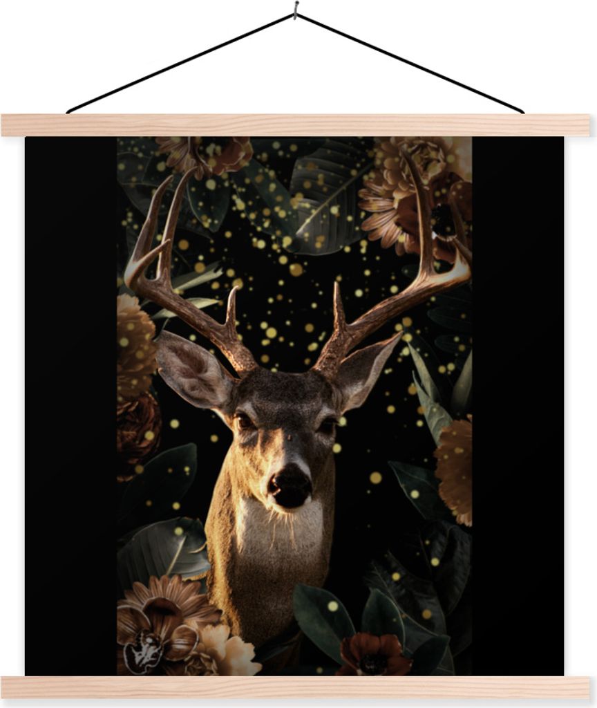 MuchoWow Textilposter Hirsche - Tiere - Licht - Blumen 60x60 cm mit holzfarbenen Rahmen - Wanddekoration
