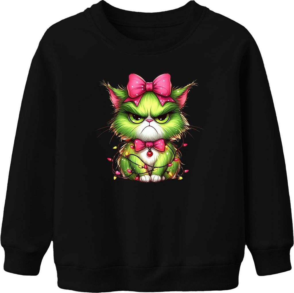 Weihnachtskatze grumpy Grün Schleife Lichterkette Geschenk Lustig Uni Kinder Sweatshirt Pullover, Schwarz, 152