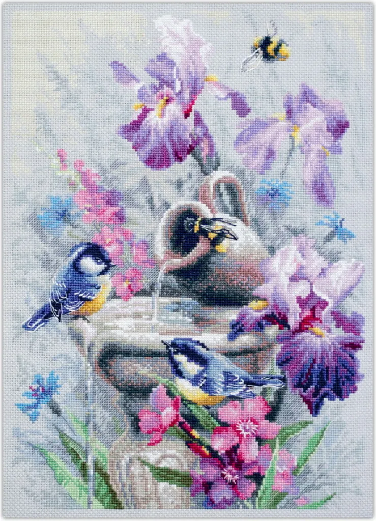 Kit point de croix complet Garden Fountain : fils triés, toile Aida