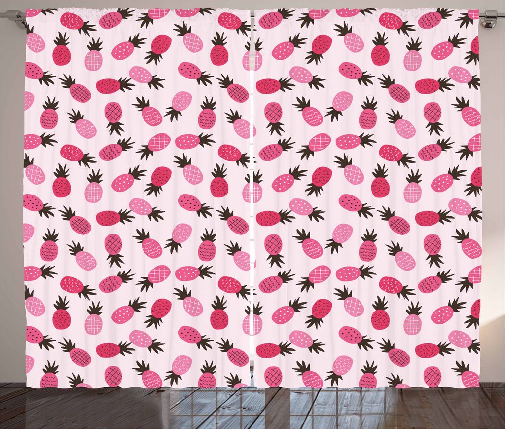 ABAKUHAUS Ananas Rustikaler Vorhang, Doodled exotischer Stil, Wohnzimmer Universalband Gardinen mit Schlaufen und Haken, 280 x 175 cm, Magenta Schw...