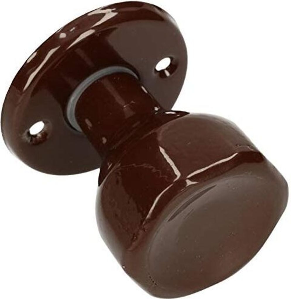 A brown ceramic doorknob with its mounting plate, shown against a white background.