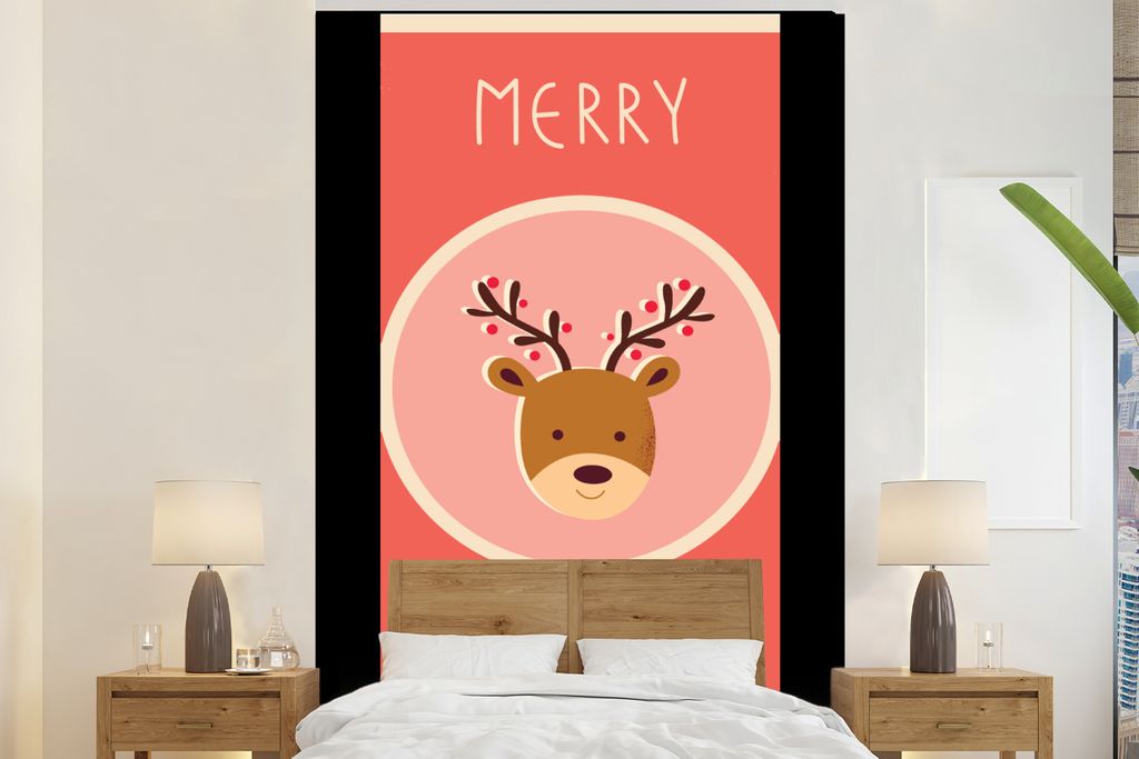 MuchoWow Fototapete für Wohnzimmer oder Schlafzimmer Wandtapete Vinyl Motivtapete Rentier - Zitate - Weihnachten - Frohe Weihnachten - Rot - Vin...